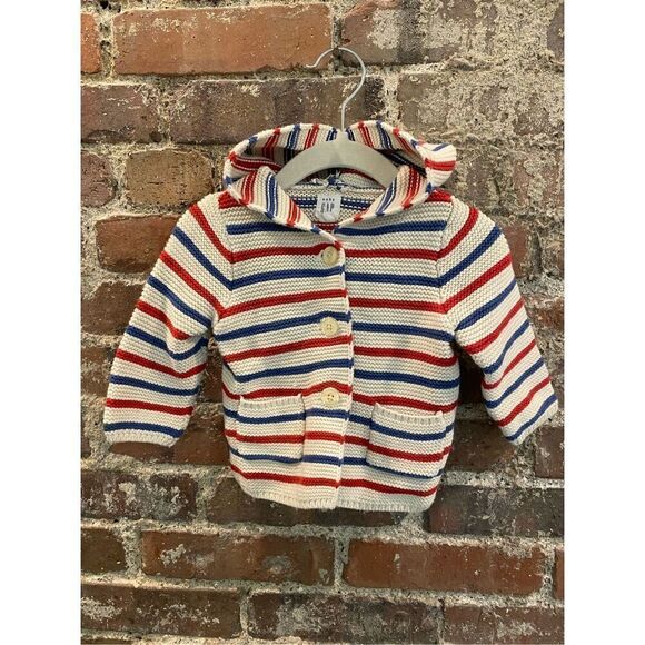 Baby GAP White/Blue/Red Striped Bear Ear Hooded Cardigan Sweater Baby Size 3-6 M - Picture 1 of 4